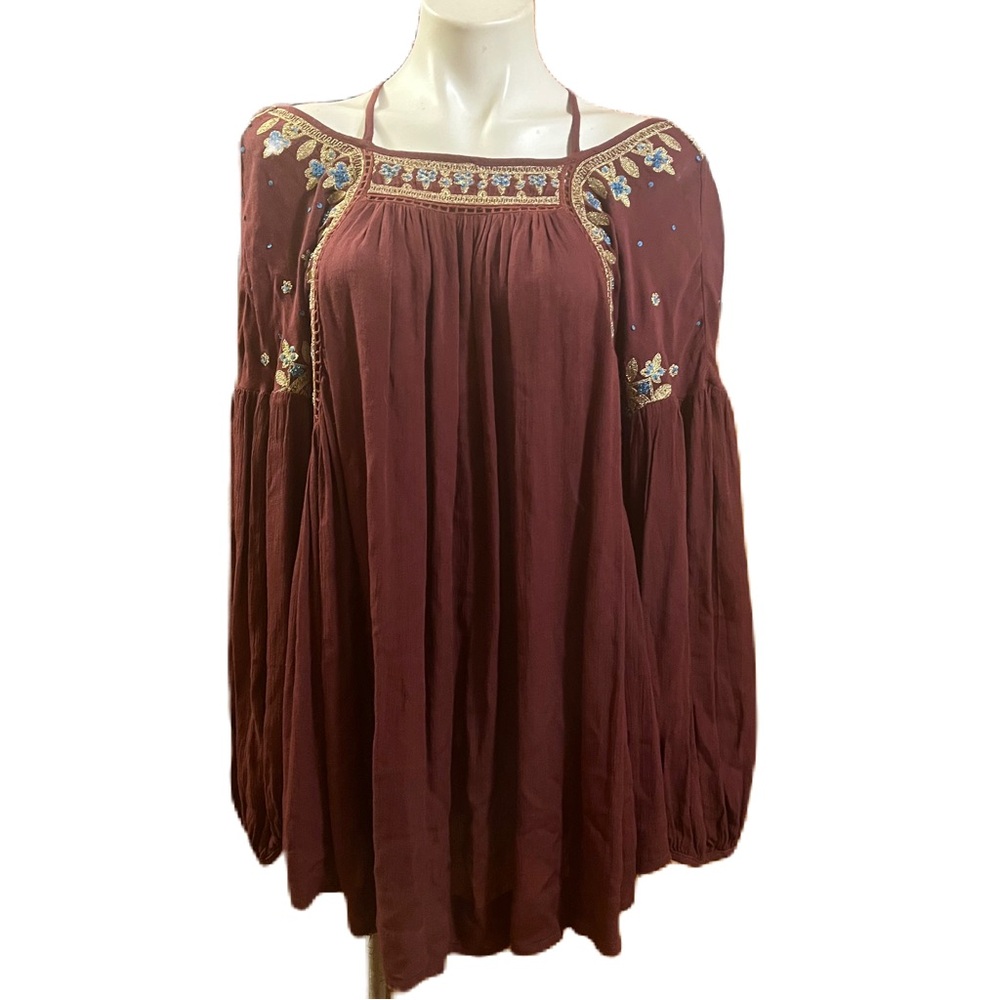 Free People Embroidered Burgundy Peasant Blouse criss cross back straps M